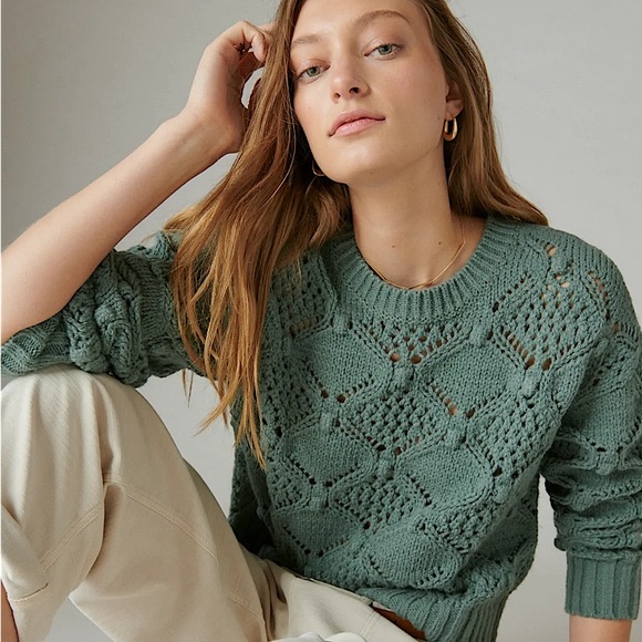 NWT! Lucky Brand Open Stitch Crew Neck Laurel Wreath Green Pullover Sweater - Picture 1 of 10